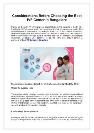 Considerations Before Choosing the Best IVF Center in Bangalore
