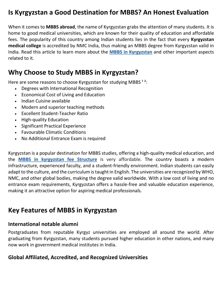 is kyrgyzstan a good destination for mbbs