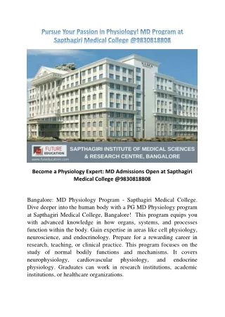 Pursue PG in Physiology at Sapthagiri Medical College, Bangalore @9830818808