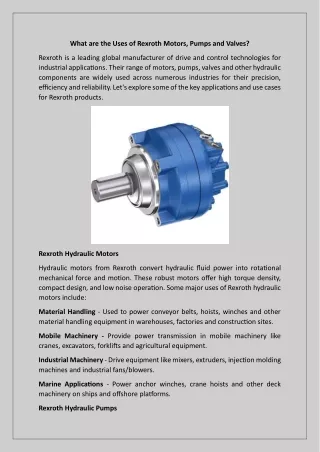 What are the Uses of Rexroth Motors, Pumps and Valves