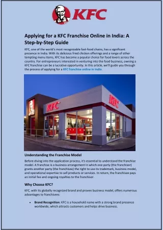 applying for a kfc franchise online in india
