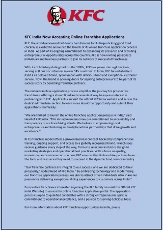 KFC India Now Accepting Online Franchise Applications