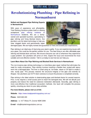 Revolutionizing Plumbing - Pipe Relining in Normanhurst