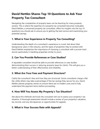 David Nettles Shares Top 10 Questions to Ask Your Property Tax Consultant