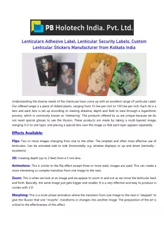 Lenticulars adhesive label, Lenticular security labels, Custom lenticular stickers Manufacturer from Kolkata India