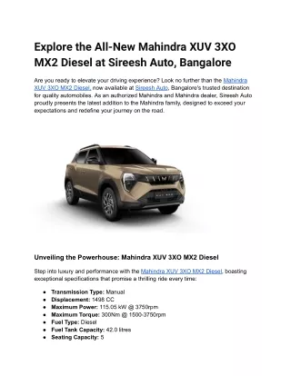 Explore the All-New Mahindra XUV 3XO MX2 Diesel at Sireesh Auto, Bangalore