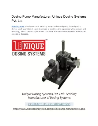 Dosing Pump Manufacturer_ Unique Dosing Systems Pvt