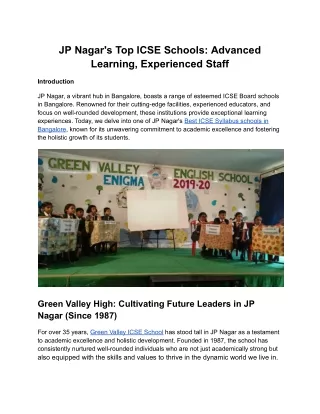 JP Nagar's Top ICSE Schools: Advanced Learning, Experienced Staff