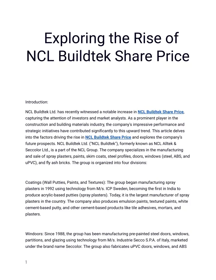 exploring the rise of ncl buildtek share price