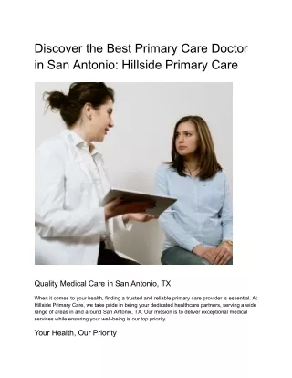Discover the Best Primary Care Doctor in San Antonio - Hillside Primary Care