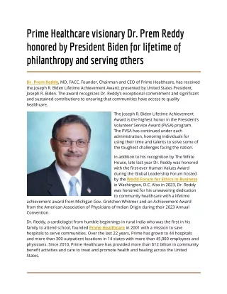 Prime Healthcare visionary Dr. Prem Reddy honored by President Biden for lifetime of philanthropy and serving others