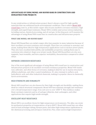 ADVANTAGES OF USING MONEL 400 ROUND BARS IN CONSTRUCTION AND INFRASTRUCTURE PROJECTS