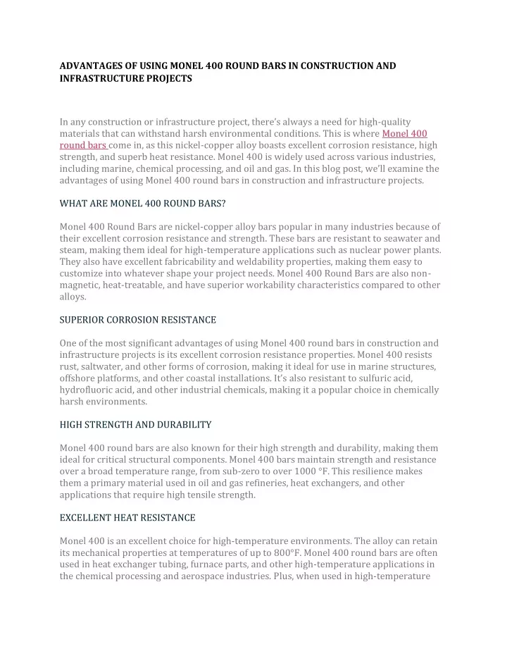 advantages of using monel 400 round bars