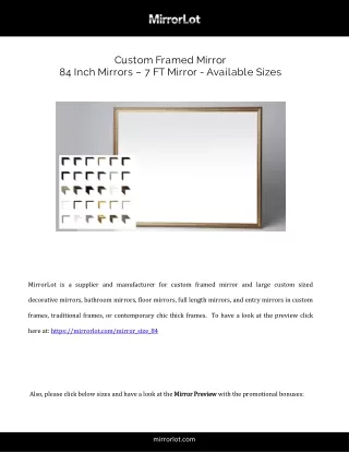 Custom Framed Mirror  84 Inch Mirrors [7 FT Mirrors] Available Sizes