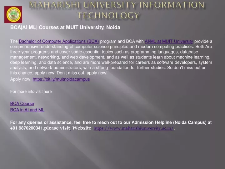 bca ai ml courses at muit university noida