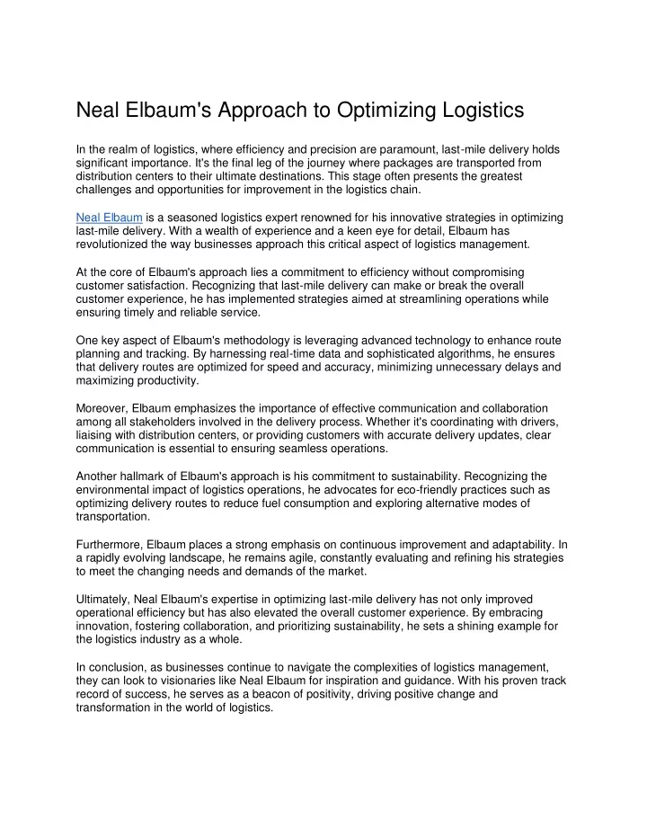 neal elbaum s approach to optimizing logistics