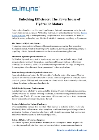 Unlocking Efficiency - The Powerhouse of Hydraulic Motors