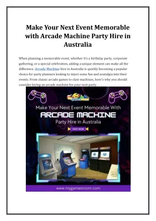 Make Your Next Event Memorable with Arcade Machine Party Hire in Australia