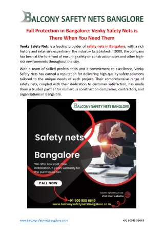 Fall Protection in Bangalore: Venky Safety Nets is There When You Need Them