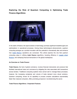 Exploring the Role of Quantum Computing in Optimizing Trade Finance Algorithms