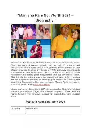 Manisha Rani Net Worth 2024  Biograph