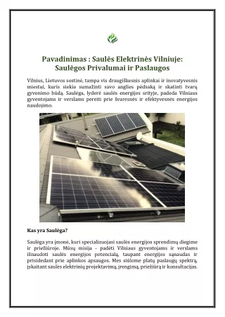 Saulės Elektrinės Vilniuje: Saulėgos Privalumai ir Paslaugos