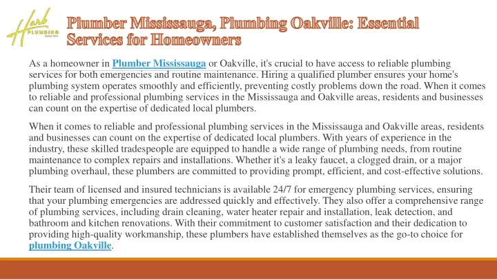 as a homeowner in plumber mississauga or oakville