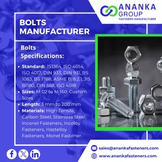 Bolts| Hex Bolts| Elevator Bolts| Eye Bolts| Hanger Bolts- Ananka Group