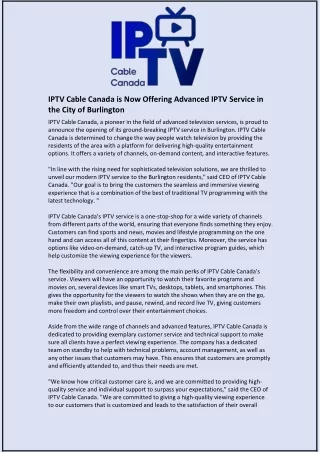 IPTV Cable Canada is Now Offering Advanced IPTV Service in the City of Burlingto