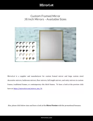 Custom Framed Mirror  76 Inch Mirrors Available Sizes