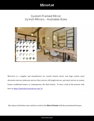 Custom Framed Mirror  74 Inch Mirrors Available Sizes