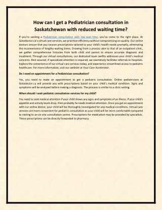 How can I get a Pediatrician consultation in Saskatchewan with reduced waiting time