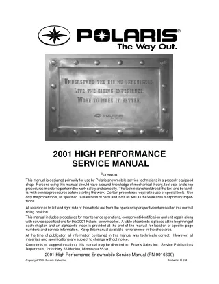 2001 Polaris Indy 600 XC SP SNOWMOBILE Service Repair Manual