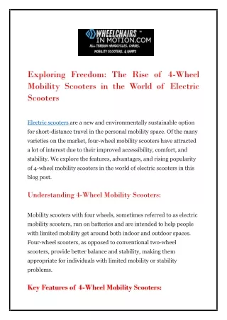 Exploring Freedom The Rise of 4 Wheel Mobility Scooters in the World of Electric Scooters