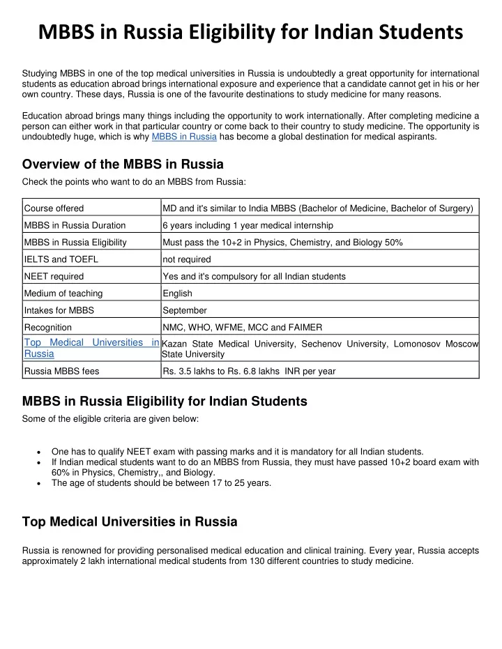 mbbs in russia eligibility for indian students