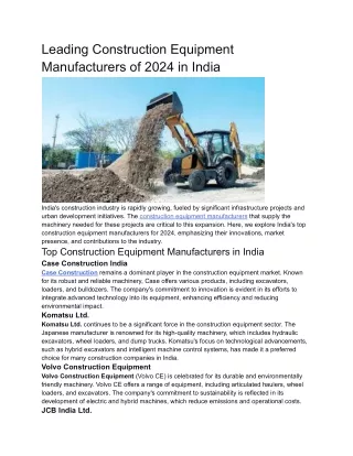 Leading Construction Equipment Manufacturers of 2024 in India