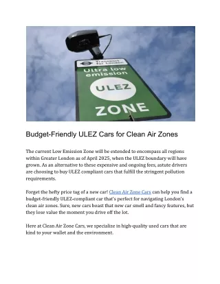 Budget-Friendly ULEZ Cars for Clean Air Zones