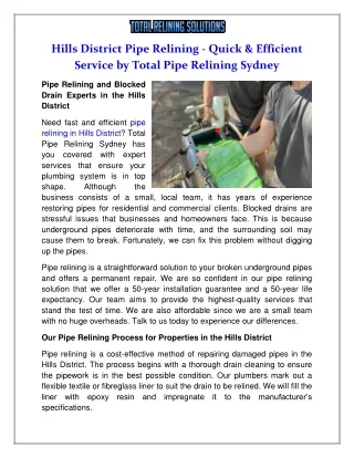 Hills District Pipe Relining - Quick & Efficient Service by Total Pipe Relining Sydney