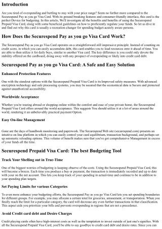 Securespend Pay as you go Visa Card: The proper Tool for Budgeting