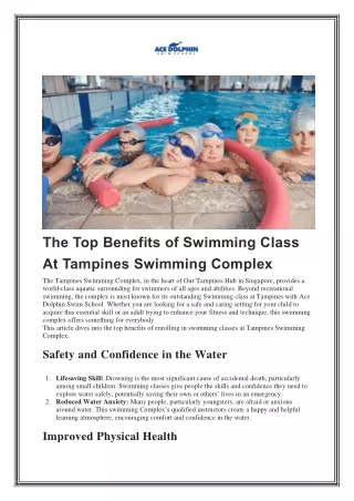 The Top Benefits of Swimming Class At Tampines Swimming Complex
