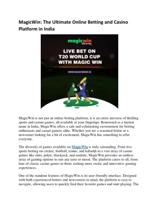 MagicWin Ultimate Online Betting and Casino Platform in India