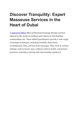 Discover Tranquility: Expert Masseuse Services in the Heart of Dubai