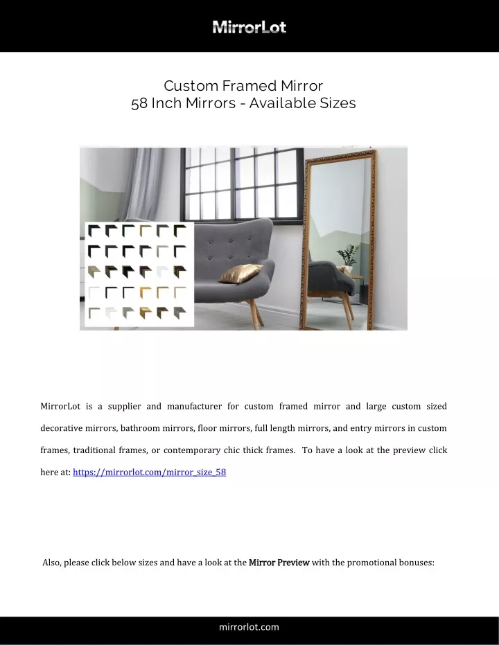 custom framed mirror 58 inch mirrors available