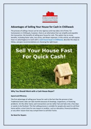 Advantages of Selling Your House for Cash in Chilliwack