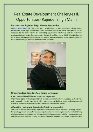 Real Estate Development Challenges & Opportunities - Rajinder Singh Mann
