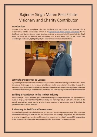Rajinder Singh Mann: Real Estate Visionary and Charity Contributor