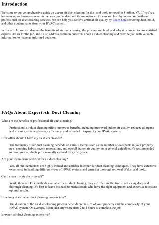 Expert Air Duct Cleaning for Dust and Mold Removal in Sterling, VA