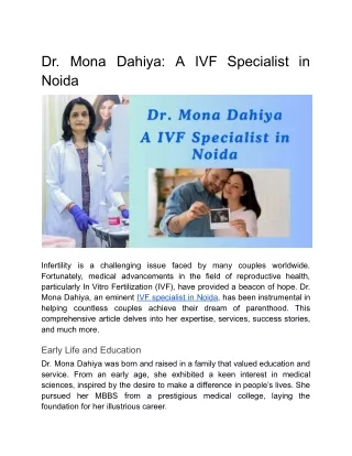 Dr. Mona Dahiya- A IVF Specialist in Noida