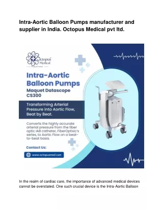 Intra-Aortic Balloon Pumps manufacturer and supplier in India. Octopus Medical p