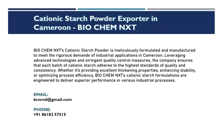 cationic starch powder exporter in cameroon bio chem nxt